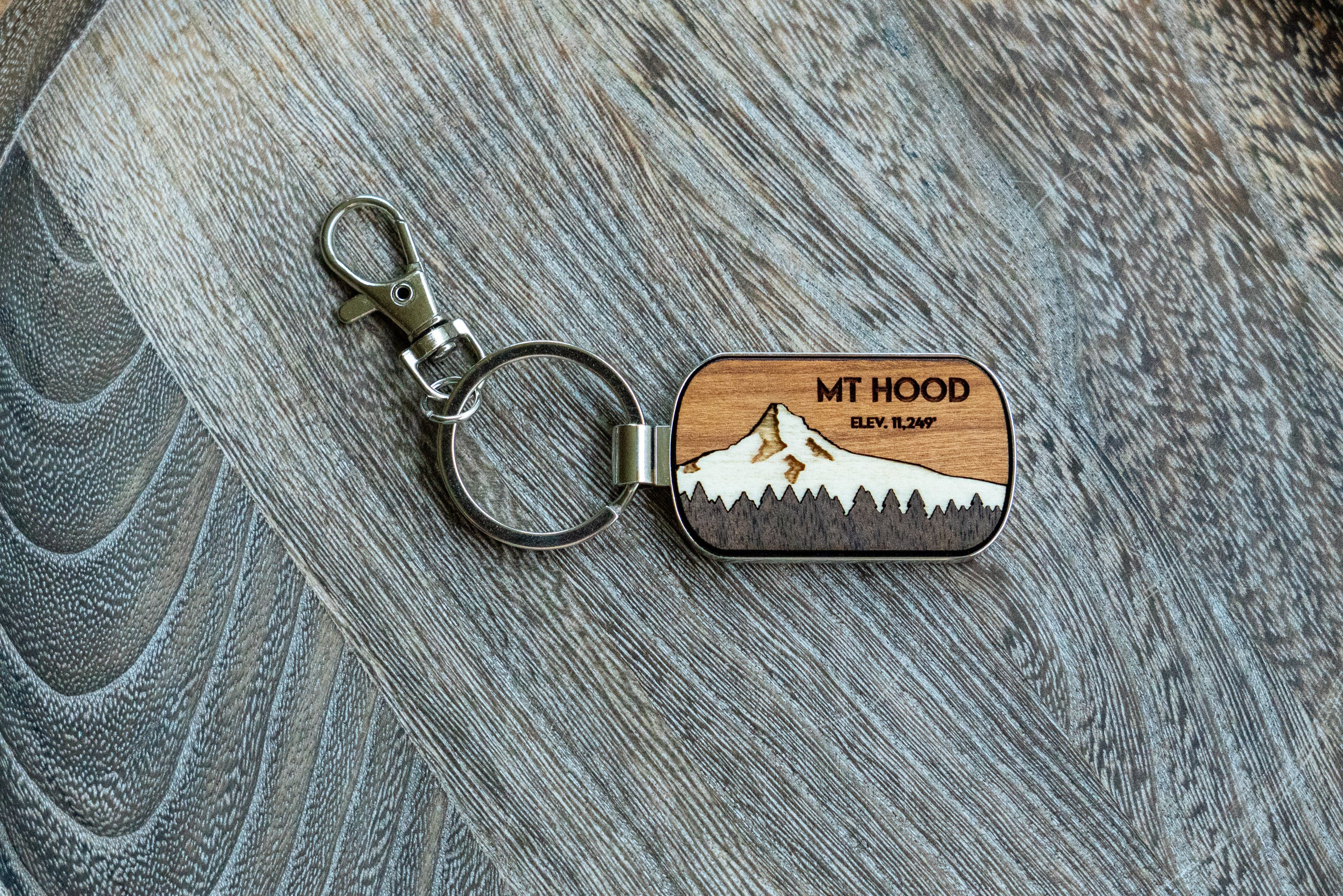 Mt Hood Oregon Metal and Wood Keychain