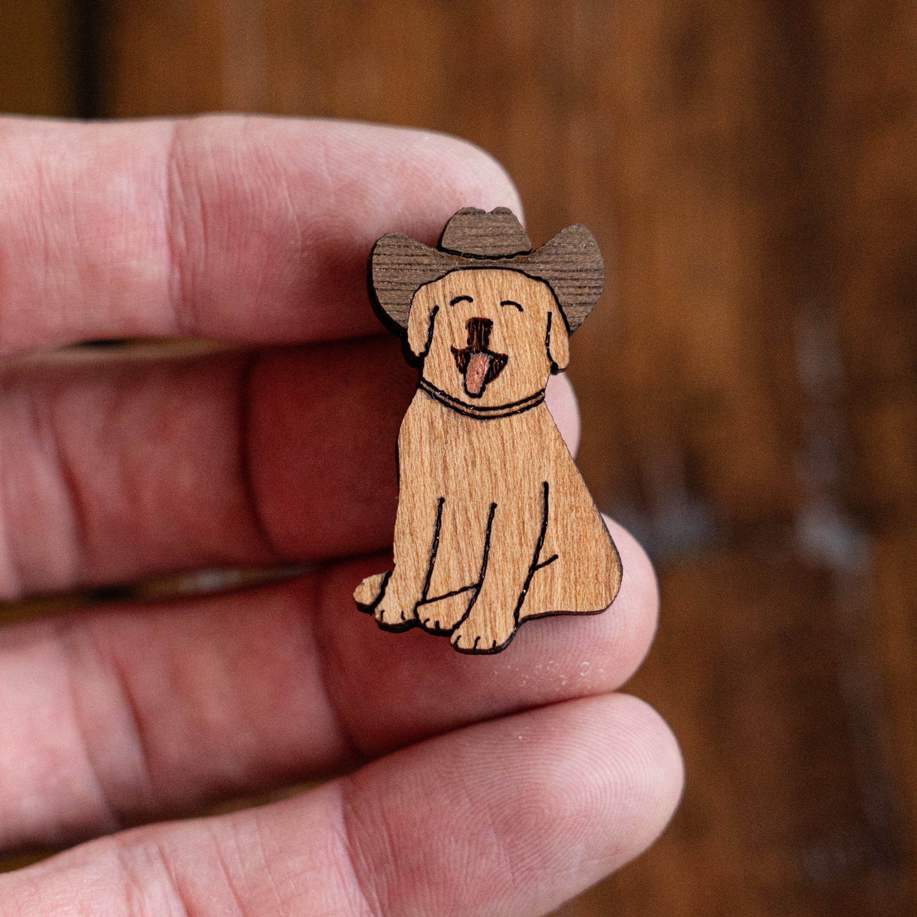 Dog with Cowboy Hat Wood Pin